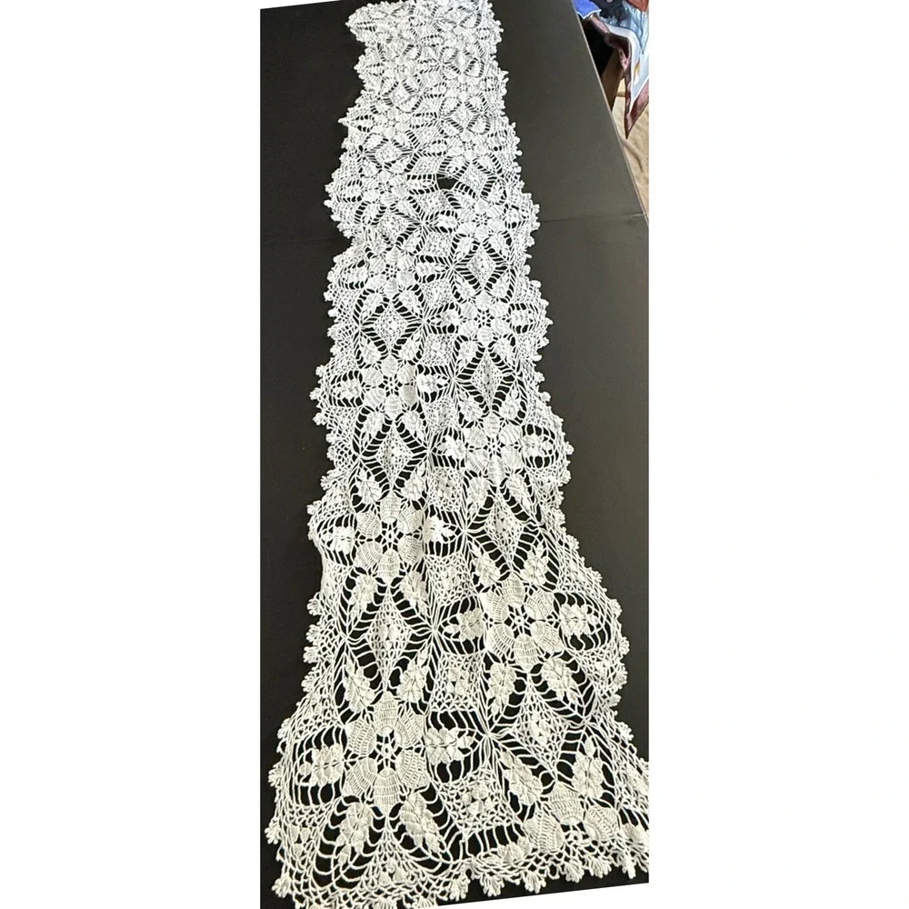 Vintage White Crochet Lace Runner 65x13 Floral Medallion Boho Wedding Decor